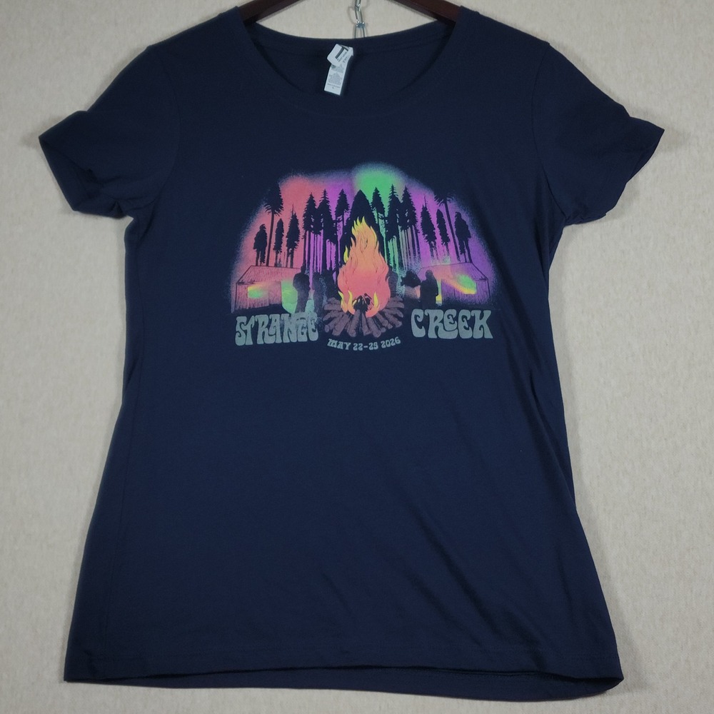 Psychedelic Campfire Strange Creek Festival Womens Large Navy Blue Graphic Tee